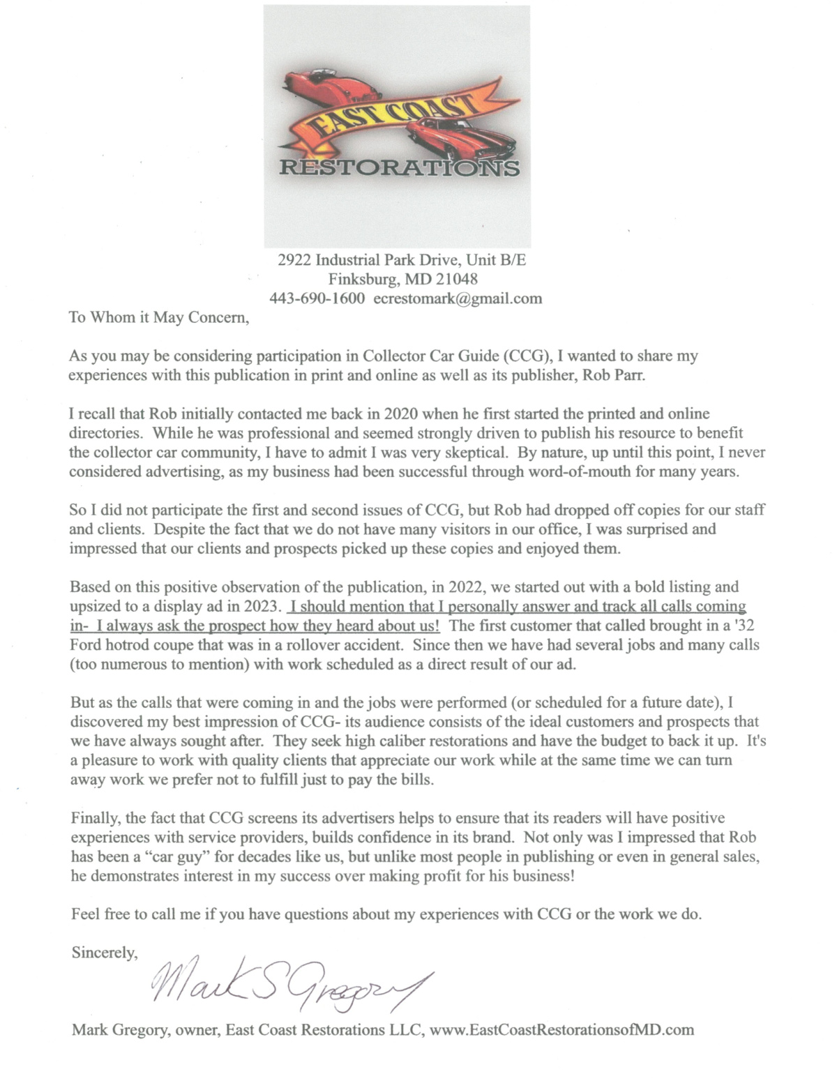 Testimonial East Coast Restorations